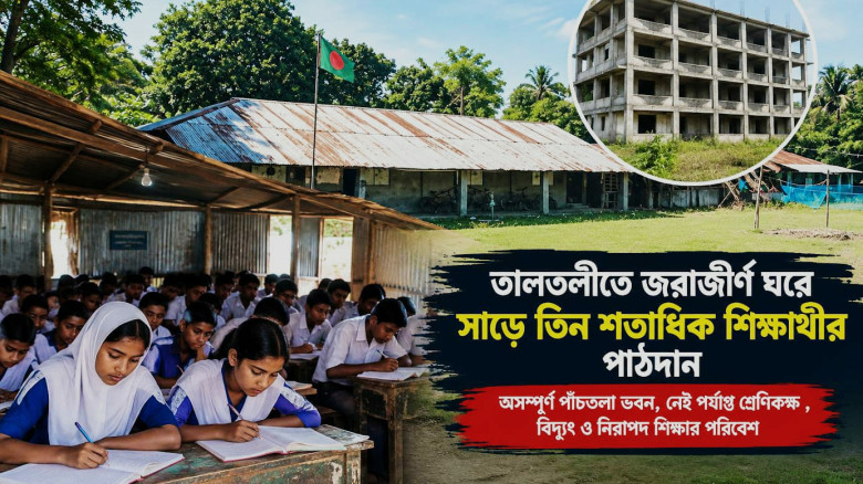 তালতলীতে জরাজীর্ণ ঘরে সাড়ে তিন শতাধিক শিক্ষার্থীর পাঠদান