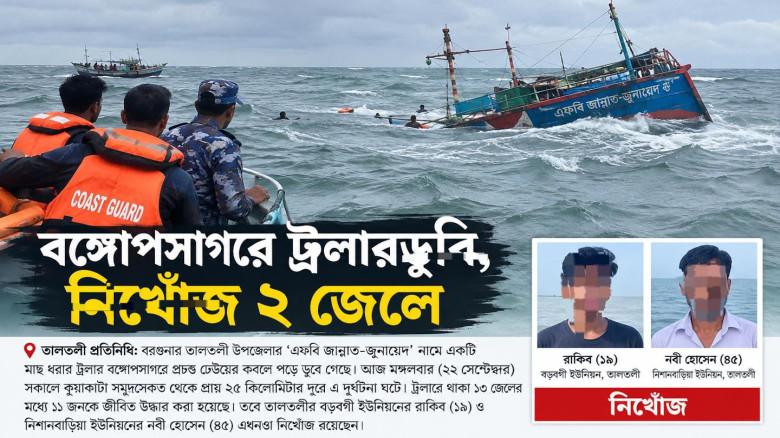 বঙ্গোপসাগরে ট্রলারডুবি, নিখোঁজ ২ জেলে