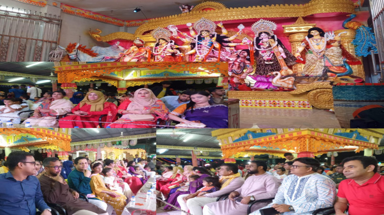 বরগুনায় আখড়াবাড়ি দুর্গাপূজা মণ্ডপ পরিদর্শনে জেলা প্রশাসক